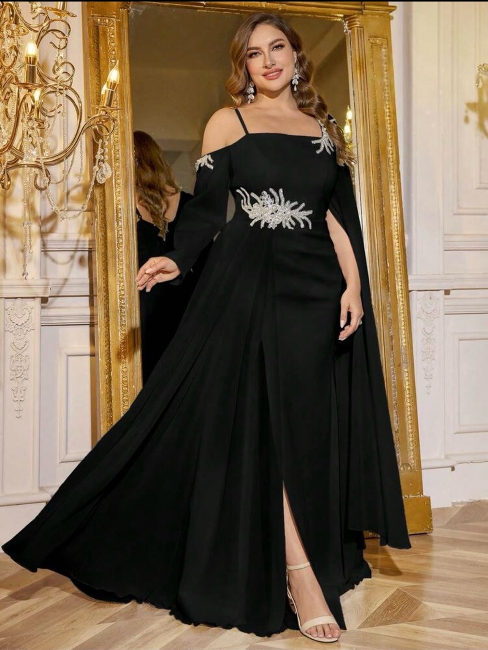 Black Silver Plus Size Embellished One Cold Shoulder Formal Evening Gown Sz 18 - Picture 3 of 16